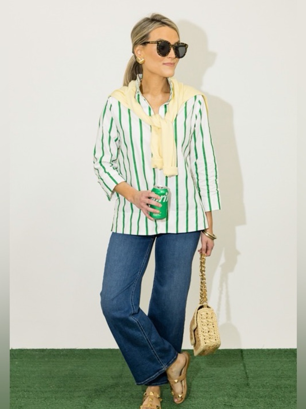 V-neck Stripe Shirt, Green